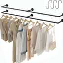 Industrial Pipe Clothes Rack with 3 S-shaped Hooks, 72'L Wall Mounted Garment Rack, Heavy Duty Iron Garment Bar, Clothes Hanging Rod Bar for Laundry Room, Max Load 135Lb Black (2 Package)