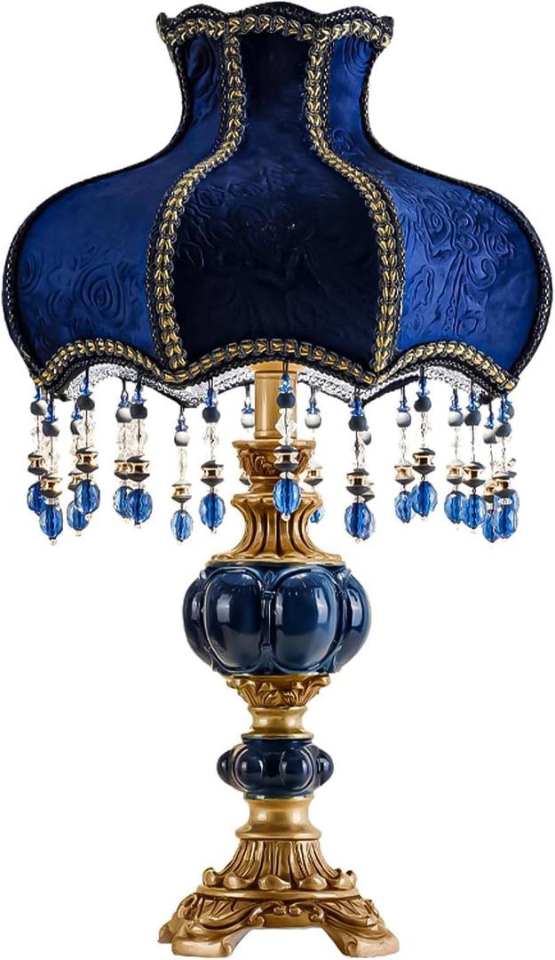 European Style Table Lamp with Fabric Lampshade Hand-Made Antique Varnished Resin Lampbody Victorian Style Table Lamp for Living Room Bedroom(Blue)