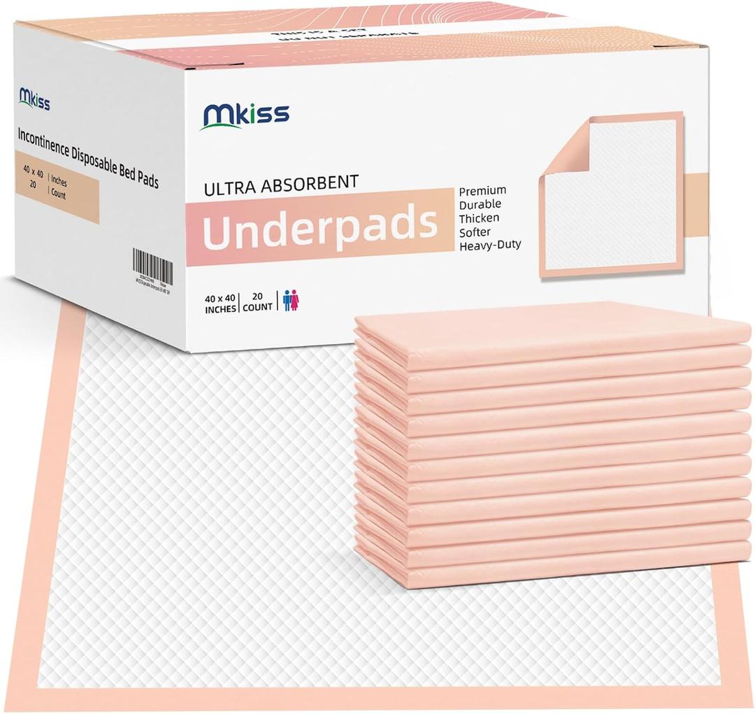 MKISS Heavy Duty Bed Pads 40" x 40"(20 Count), Disposable Super Absorbent Incontinence Underpads, Extra Large and Thicken Chucks Pads for Adults, Children, Babies, Elderly and Pets