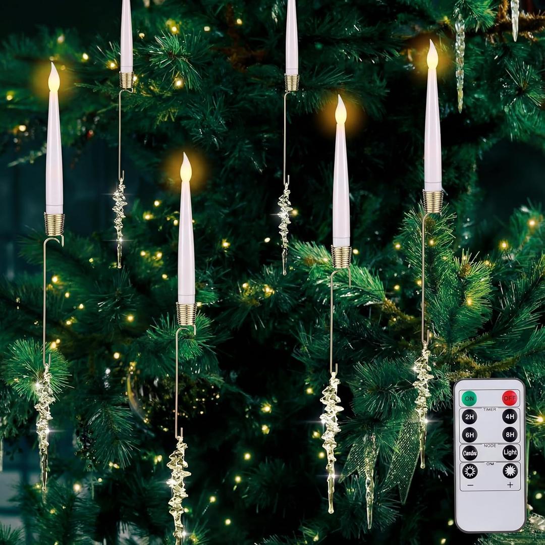 Tujoe 6 Pack Flameless Christmas Tree Candles with Remote Crystal Icicle Hook Hanging Candle Lights for Christmas Tree Battery Operated LED Taper Candlesticks with Timer for Home Xmas Party Decor Gift