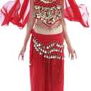 Seawhisper 12 Colors Belly Dance Costumes India Dance Outfit Halloween No Visible Size,  Red 5-piece)