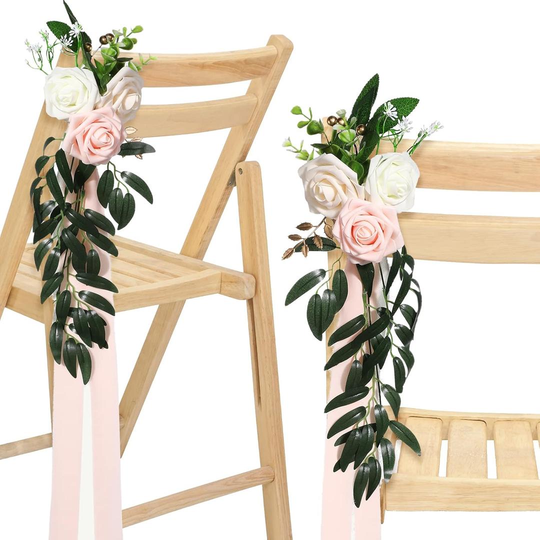 Hoteam 16 Pcs Wedding Aisle Decorations for Wedding Ceremony Pew Artificial Flowers Rose for Church Chair Back Floral with Eucalyptus Leaves and Ribbons Ceremony Party Decor(Pink, Beige)