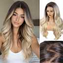 WIGER 13x6 Lace Front Wig Layered Wave Futura Fiber Wigs Curly Synthetic Pre Plucked Wavy Wig for Women Daily Party Use(Ombre 613 Blonde)