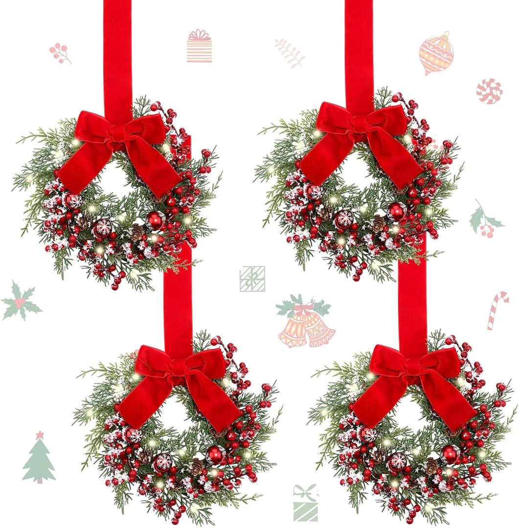 Hoteam 4 Pcs 9 Mini Decor Wreaths Small Cabinet Wreath with Rustic Bow Outdoor Decorations for Porch Window Farmhouse Decor(Bells and Red Berries)