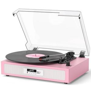 VICTRESS Vinyl Record Player with Built-in Dual Stereo Speakers, Vintage 3-Speed Turntable, Bluetooth Record Player with EQ Sound Modes, USB/TF Recording & Playback, LED Display, RCA & AUX Jack – Pink