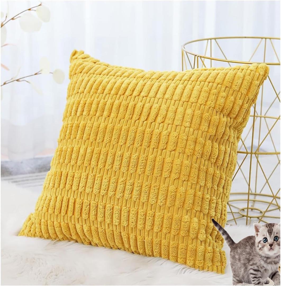Throw Pillow Covers Cases with Zipper Black Gray Protectors Christmas Soft Boho Chenille Stripe Pillowcases(Yellow,50x50 cm 20x20 in)