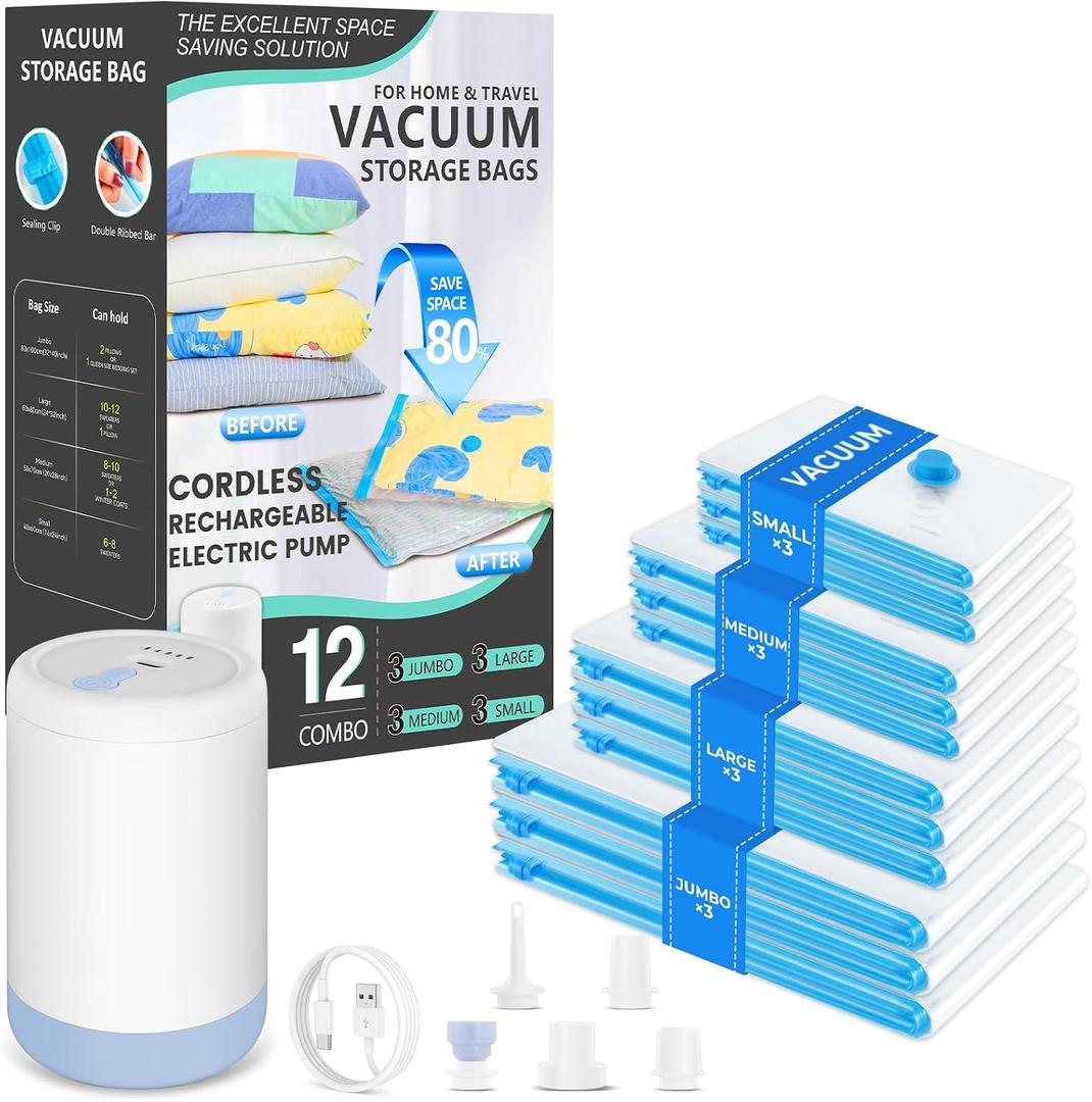 Vacuum Bags for Travel with Portable Electric Pump,12 Pack Vacuum Seal Bags for Luggage and Suitcase Compression, Space Saver Vacuum Storage Bags for Clothes and Clothing Travel, 12 Combo