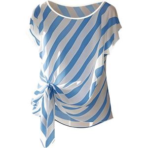 Floerns Women's Chiffon Blouses Tops Striped Mesh Bowknot Round Neck Shirts Short Dolman Sleeve Tie Side Work Blouse, M