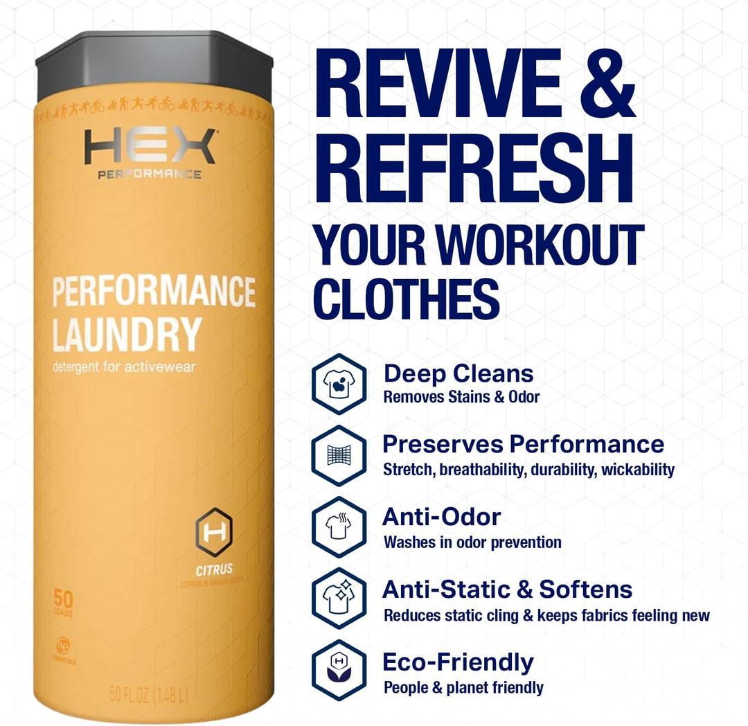 HEX Performance Laundry Detergent, Citrus Scent, 100 Loads Concentrated Activewear Detergent for Odor Removal, Sweat & Residue, HE Compatible, Eco-Friendly, Biodegradable Formula