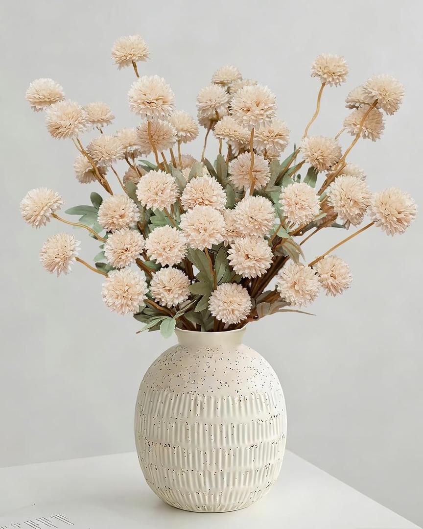 Beige Faux Silk Mums Artificial Flowers, 8Pcs Fall Fake Kiku Small Mini Chrysanthemum Pom Pom Stems for DIY Bouquets Centerpieces Vase Autumn Home Decorations Floral Arrangement
