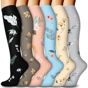 6 Pairs Compression Socks for Women & Men 15-20mmHg Graduated Support Knee High Socks for Nurses, Travel, Athletic (Large-X-Large, 02 Assort - Black/Grey/Pink/Blue/Cream/Light Gray)