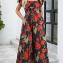 Gardenwed Women's Floral Wide Leg Jumpsuit, Ruffle Short Sleeve Square Neck Summer Casual Palazzo Romper with Pockets (Medium)