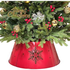 15.5" Red Christmas Tree Collar for Pencil Tree, Round Metal Tree Collar with Snowflake Design, Pet-Proof Christmas Tree Collars for Artificial Trees, Secure & Reusable Holiday Dcor