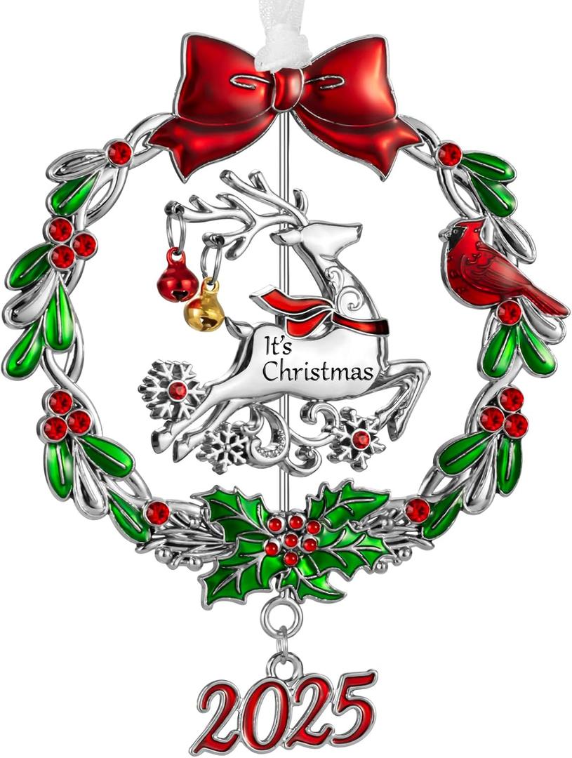 Christmas Tree Ornament Metal Silver Hanging Rotatable Design Charm Holiday Decorative Pendant Gift Keepsake (2025 Deer)