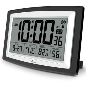 WallarGe Atomic Clock with Indoor Temperature and Humidity, 12.5 Inch Self-Setting Digital Wall Clock or Desk Clock, Battery Operated Digital Clock Large Display for Seniors, Auto DST
