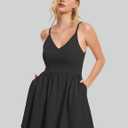 ROYLAMP Women's Casual Spaghetti Strap Dresses Elegant V-Neck A-line Swing Petite Tiered Short Mini Dress with Pockets (Black, XS)