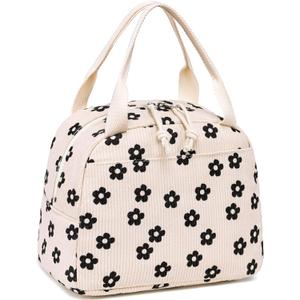 LEDAOU Lunch Box for Women Insulated Lunch Bag Corduroy Lunch Tote Bags Leakproof Cooler Lunchbox for Travel Work Picnic (Corduroy Black Flower)