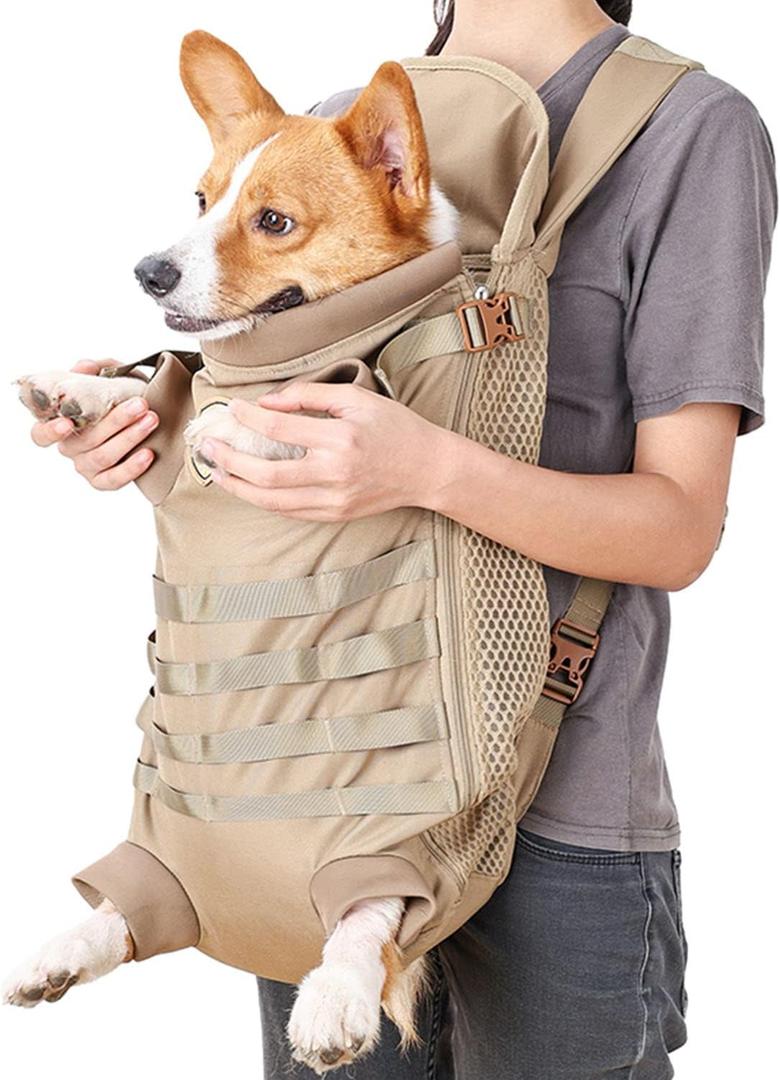 FLAdorepet Dog Carrier Tactical Backpack for Dogs,Soft Hands-Free Legs Out Pet Front Cat Dog Carrier Backpack Travel Bag for Outdoor Traveling Hiking Camping (Large, Khaki)