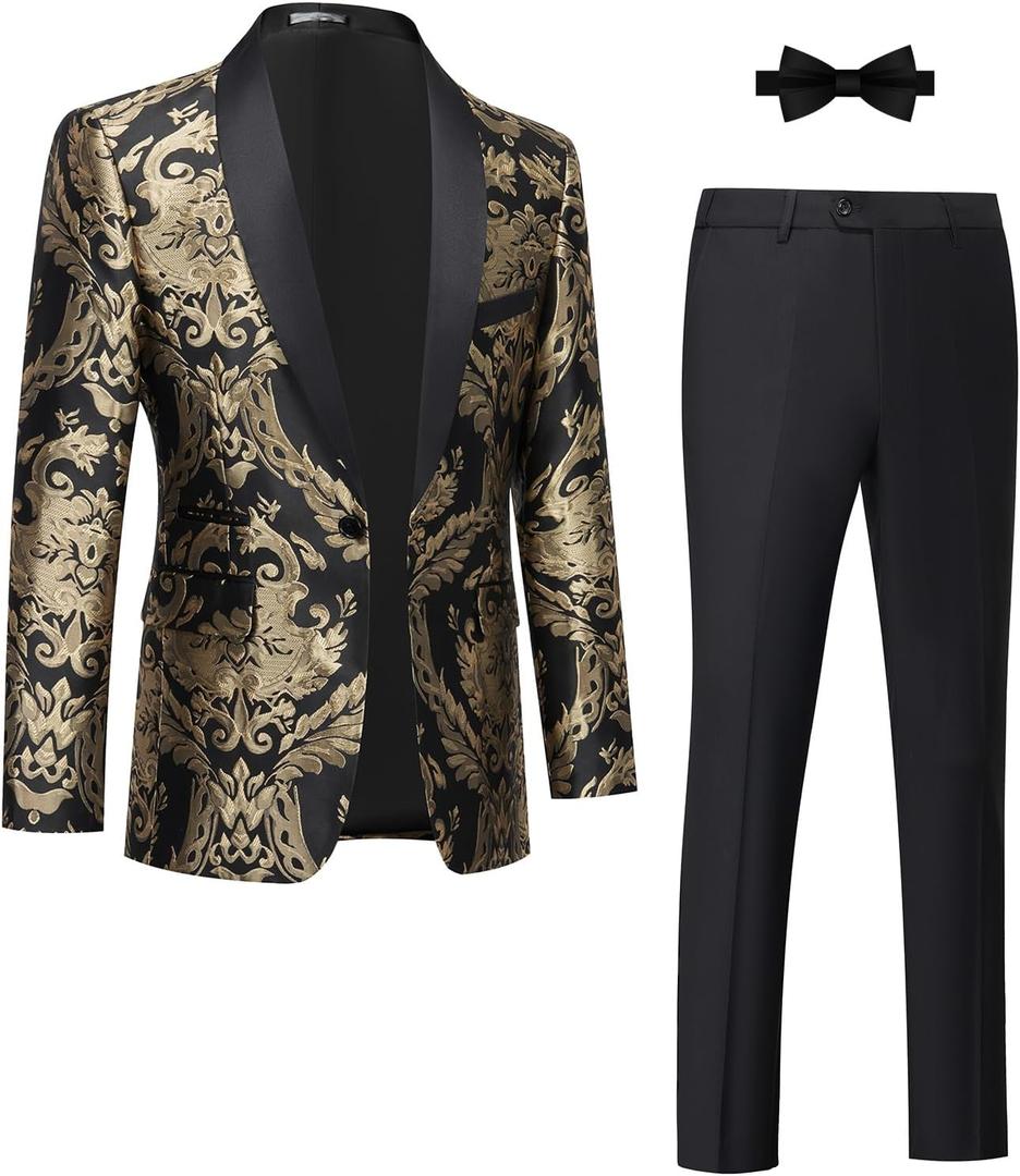 Tuxedo Suits for Men 2 Piece Regular Fit Suit Floral Blazer Jacket Waistcoat Pants Men Suit Set for Wedding Prom (3X-Large, Black & Gold-2pcs)