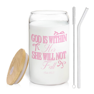 Coquette Pink Bow Christian Glass Cup with Lids and Straws 14oz, Bible Verse Gifts, God is Within Her She Will Not fall Scripture Glass Coffee Tumbler Drinking Jars with Cleaning Brush
