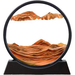 3D Dynamic Sand Art Liquid Motion, Moving Sand Art Picture Round Glass 3D Deep Sea Sandscape in Motion Display Flowing Sand Frame Relaxing Desktop Home Office Work Decor (12, Orange)