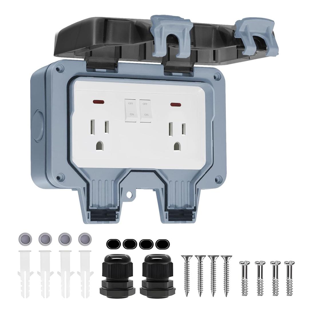 BSEED Outdoor Outlet Box with LED Indicator, Dual 15 AMP 5-15 Receptacle IP66 Waterproof Weatherproof Outdoor Electrical Box with Lockable Cover, Power Plug for Gardens Yards