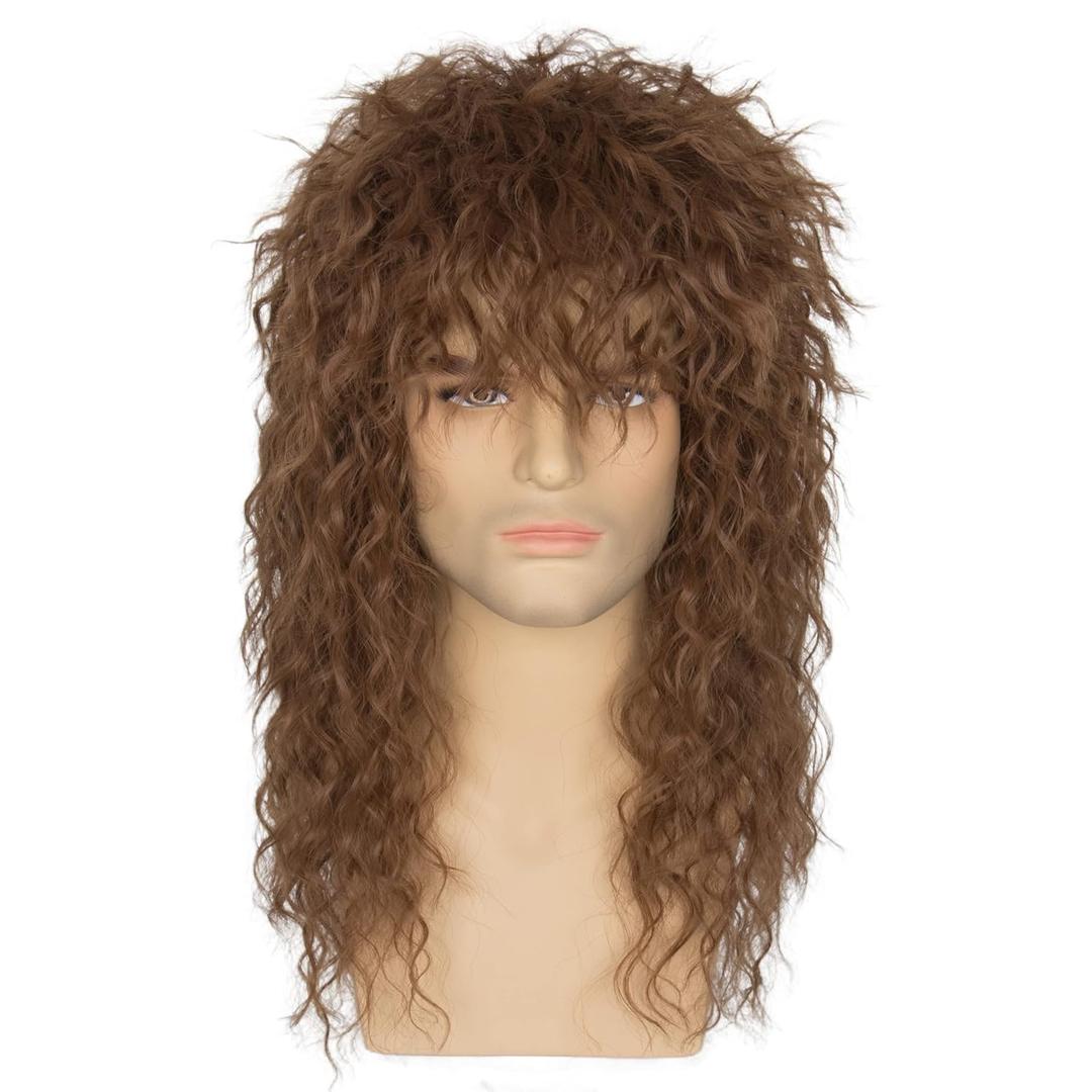 Miss U Hair Long Curly Brown 80s Rocker Wig for Men Women Hair Band Heavy Metal Costume Wig
