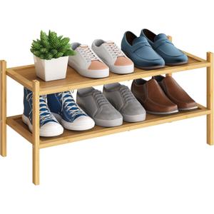 BMOSU 2-Tier Bamboo Shoe Rack Premium Stackable Shoe Shelf Storage Organizer for Hallway Closet Living Room Entryway Organizer(Natural)