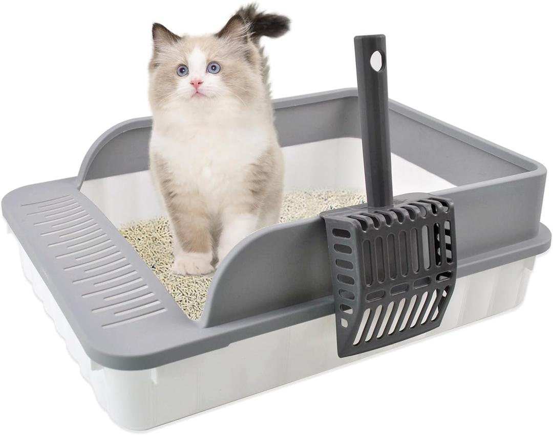 Open Cat Litter Box with High Side Anti-Splashing Cat Toilet with Litter Sifting Scoop Semi-Enclosed Kitten Litter Tray Pan Removable Prevent Sand Leakage Deodorizing Easy to Clean (Grey)