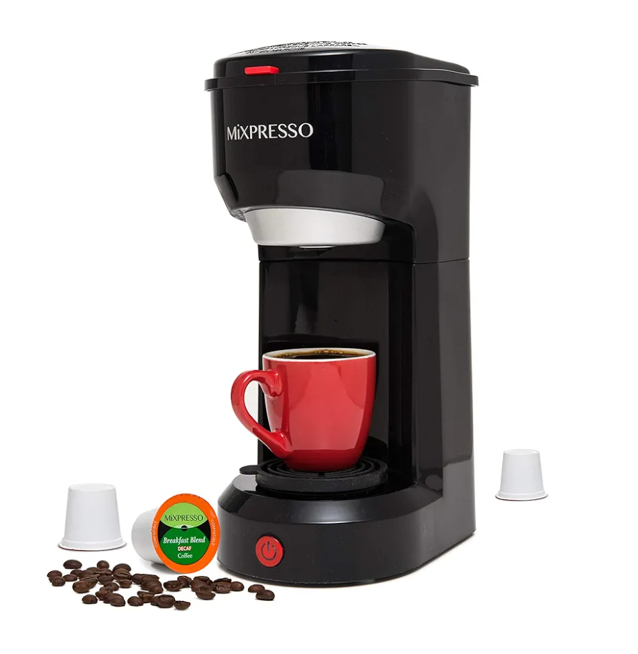 Mixpresso 2-in-1 Coffee Maker – Single Serve & Ground Coffee Brewer, Compact Personal Coffee Machine for Pods & Loose Grounds, Quick Brew 14 oz Portable Small Coffee Maker, Black