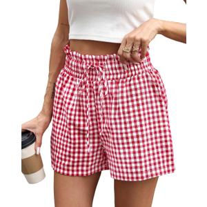 Womens Ruffle Waist Gingham Plaid Shorts Pajama Cotton Boxer 2026 (Red, S)