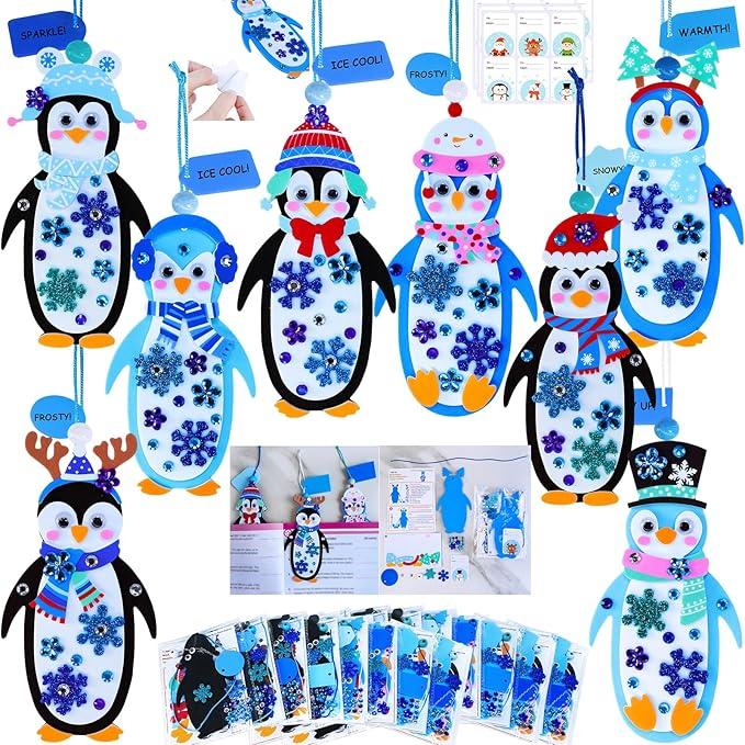 Winlyn 24 Sets Winter Decorations DIY Penguin Ornaments Bookmarks Christmas Craft Kits Foam Penguin with Snowflake Foam Stickers for Kids Holiday Seasonal Gift Home Classroom Activities Party Favors