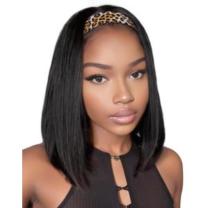 QUEENTAS 12 Inch Headband Wigs for Black Women Black Natural Straight Synthetic Heat Resistant Hair for Daily Use Dating Wear and Go Glueless Bob Wig Shoulder Length (#1B)