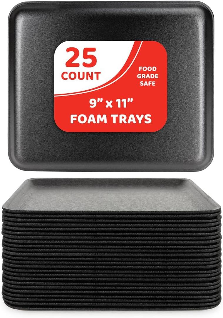 Hygloss Products Black Foam Meat Trays 9x11-Inch Black Tray for Crafts, Food, Painting, 25-Pack (9 x 11-Inch)