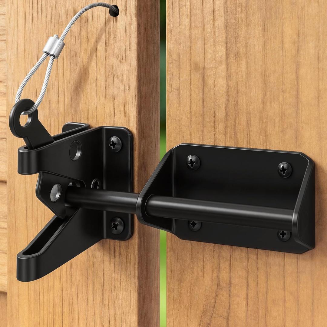 Heavy Duty Gate Latch for Wooden Fence, Automatic Self Locking Gravity Door Latch for Wood/Metal Gate with Cable Pull, 7-1/2" Gate Hardware Latch for Pool & Dog Door, Shed Garden, Black