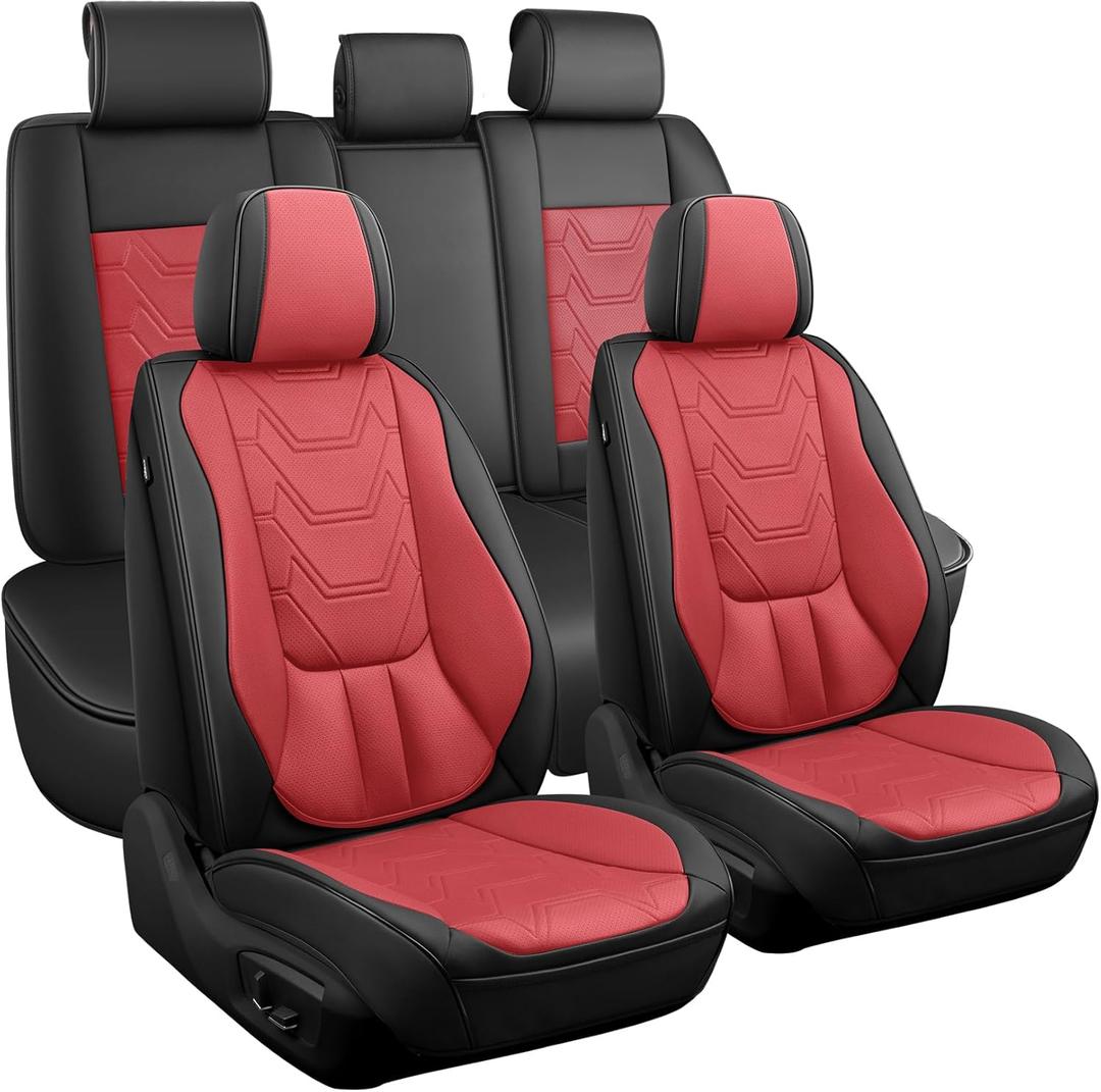 CAPITAUTO Car Seat Covers Full Set, Seat Covers for Car with Lumbar Support, Faux Leather Waterproof Seat Covers 5 Seats, Breathable Automotive Seat Covers Fit for Most Cars SUV Truck (Red & Black)