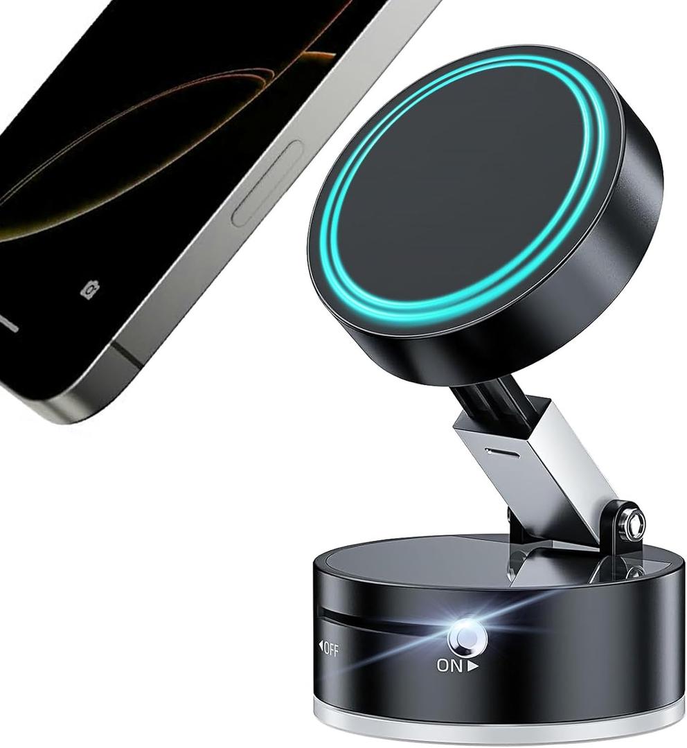Foldable Magnetic Vacuum Phone Holder, Ultra Strong Suction Cup Phone Mount for Car/Travel/Desktop, Adjustable Vacuum Magnets Phone Stand Car Accessories for iPhone & Android (Black)