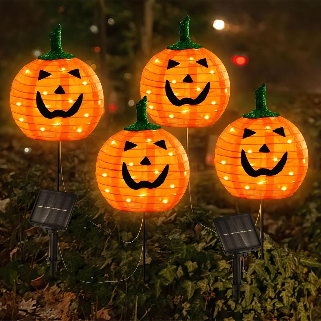 Solar Halloween Pumpkin LED Lights, Set of 4 Big Pumpkin Stake Lights 2 Modes for Outdoor Halloween Pathway Yard Garden Decoration (Warm White-Pumpkin, 4 Pack)