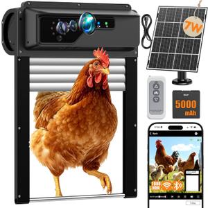 Automatic Chicken Coop Door with Timer and Remote Control, WiFi 1080P Camera Smart Roll-Up Auto Poultry Door, 7W Solar Powered 5000mAh Battery, App Control, Anti-Pinch Safety, Predator Alarm