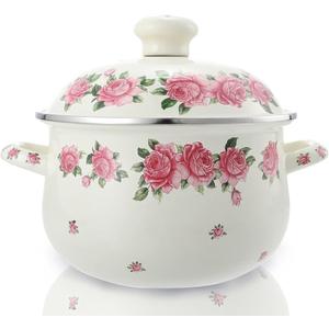 Retro Flower Enamel Stockpot with Lid,Stockpots for Cooking,Vintage Floral Stew Bean Simmer Pot with Handle, Kitchen Soup Pot, Safe for Induction Cookers, Gas Stove (PINK-5QT)