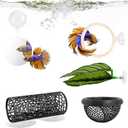 5 Pcs Betta Fish Hammock & Toys Set, Black | Aquarium Tunnel, Floating Mirror, Hammock, Leaf Pad & Exercise Ring, Hiding & Feeding Decor for Shrimp & Small Fish Tanks