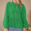 PRETTYGARDEN Women's Spring Fall Babydoll Peplum Blouse Shirt Puff Long Sleeve Bow Tie Front Trendy Cute Y2K Going Out Tops (Green, L)