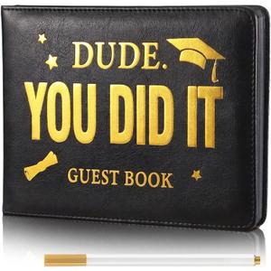 Frienda 2026 Graduation Guest Book Leather Guest Sign in Book with Pen Graduation Party Favors Congratulation Graduates Signature Books (Dude You Did It,Black, Gold)