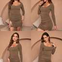 Women's Square Neck Short Sleeve Summer Ruched Bodycon Mini Dress Side Drawstring Clubwear Casual Dresses (Blue, M)