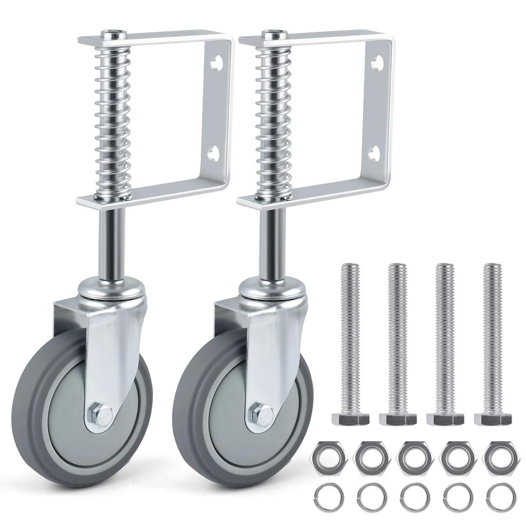 ERKOON 2 Pack Heavy Duty Spring-Loaded Gate Casters, 4" Sliding Wheels for Wooden & Metal Gates, 250-500lbs Load Capacity (2PCS)