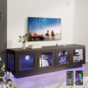 71 Inch TV Stand Modern Entertainment Center with LED Light, Glass Doors and Adjustable Storage Shelves Media Console TV Cabinet for Living Room Bedroom-Black