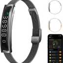Smart Bracelet,Activity&Fitness Trackers,Touch Screen/Sleep Tracker/Heart Rate/Blood Oxygen,5ATM Waterproof,Multiple Sports Modes,Free App for iOS Android (Steel Belt, Black)