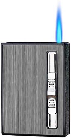Cigarette Case with Built-in Lighter Windproof Refillable Butane Jet Torch Lighter Automatic Ejection Cigarette Case Dispenser Box Holder (Black)