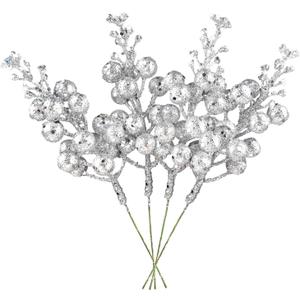 DearHouse 14 Pack Christmas Glitter Berries Stems, 7.8Inch Silver Artificial Christmas Picks for Christmas Tree Ornaments, DIY Xmas Wreath, Crafts, Holiday and Home Decor