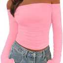 PRETTYGARDEN Fall Tops for Women 2025 Trendy Long Sleeve Crop Mesh Slim Fit Y2K Cute Shirts Going Out Off The Shoulder Top L